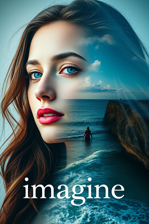imagine Book cover, A surreal double exposure portrait that blends a woman's face with a beautiful seascape. The overall mood is dreamy and mystical, with rich colors and intricate details