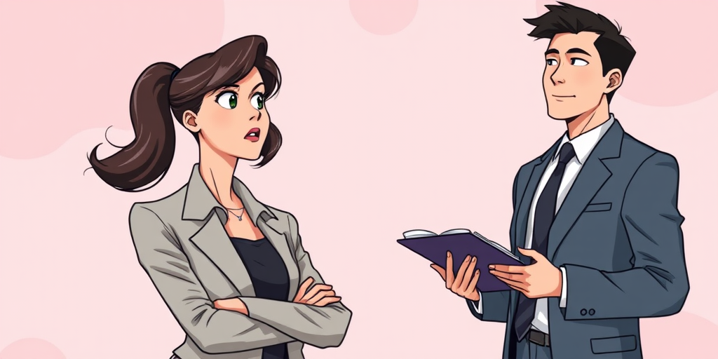 Create an illustration of a dynamic office scene with a woman in business attire looking surprised while glancing at a man in a suit holding a notebook, captured in a wide-angle view, using a high-resolution digital camera setting of f/2.8, ISO 100, and 1/200s to enhance color vibrancy and clarity against a soft pink abstract background.
