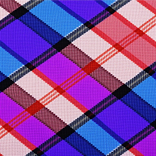 Generate a high-resolution image of a colorful plaid pattern with vibrant blue, purple, brown, and light beige colors, using a DSLR camera, 50mm lens, f/1.8 aperture, ISO 100, and a shallow depth of field for enhanced clarity.