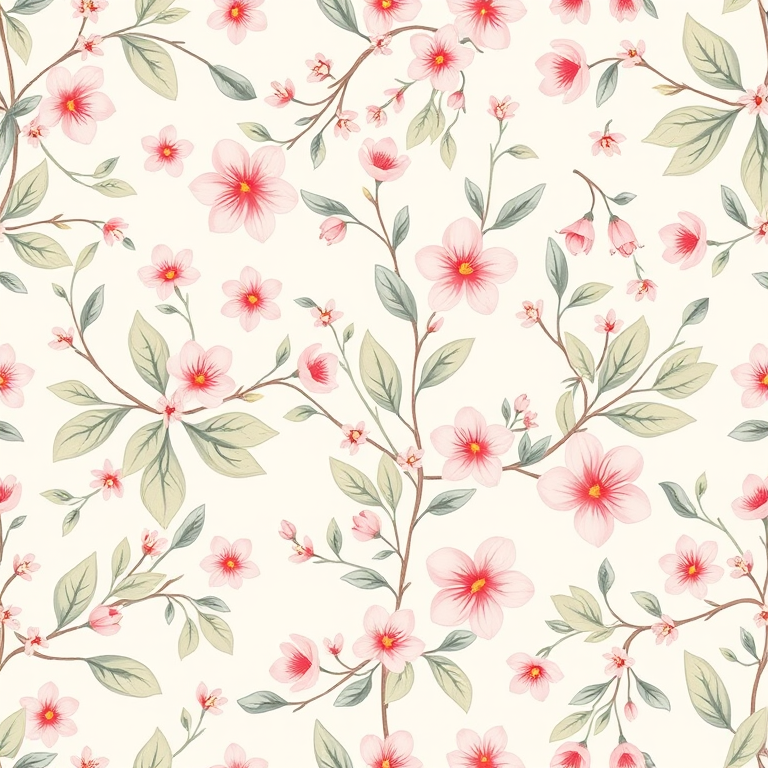 a seamless floral pattern featuring delicate leaves and blossoms in soft pastel colors with a light background