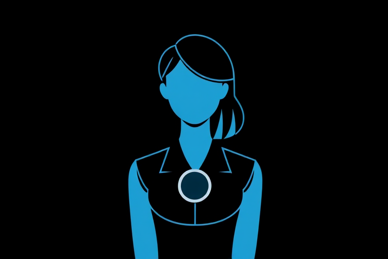 Create a minimalistic vector representation of a professional female figure with a round badge design, using a soft blue color palette, set against a black background, captured in digital art style with a resolution suitable for high-quality print.