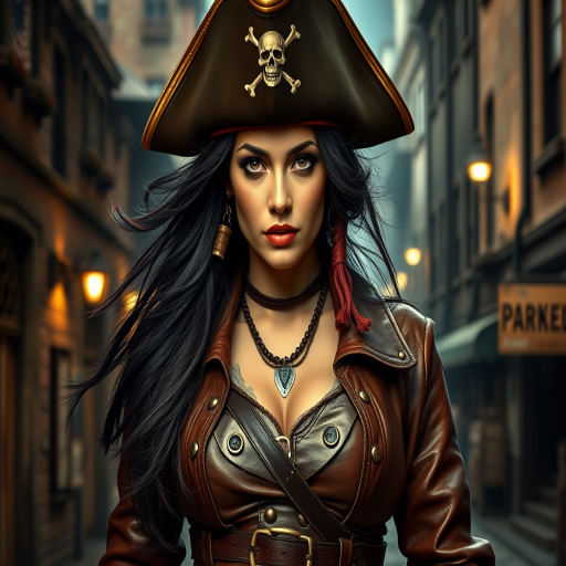 Create a portrait of a fierce female pirate. She wears a leather tricorn hat adorned with a skull and crossbones emblem, and her long, dark hair flows around her face. Her outfit consists of a richly detailed leather jacket, a corset, and multiple layers of belts and accessories, giving her a formidable and stylish appearance. She stands confidently in a dimly lit, historic port town, with a backdrop of weathered buildings and cobblestone streets, capturing the adventurous spirit of a pirate.