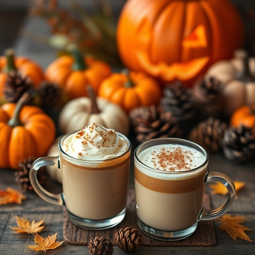 Create an autumn scene featuring two cups of creamy coffee drinks topped with whipped cream and sprinkled with cinnamon placed on a rustic wooden table surrounded by various pumpkins in shades of orange and cream a carved jack-o-lantern glowing softly in the background along with pine cones and autumn leaves for a cozy seasonal atmosphere.