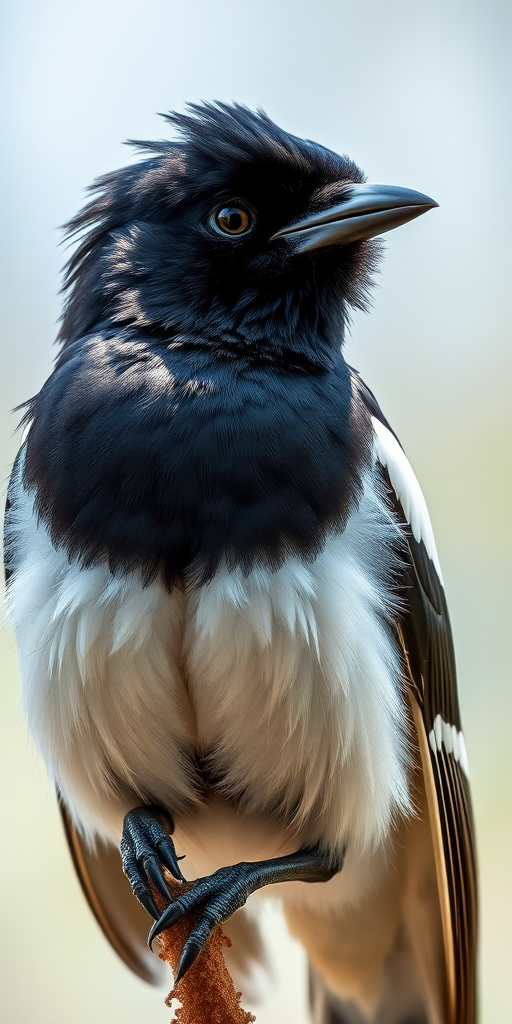 Create a highly detailed illustration of a magpie with vibrant black and white feathers, using a Canon EOS R5, 50mm lens, f/1.8 aperture, 1/200 sec shutter speed, and natural lighting to enhance image quality and clarity.