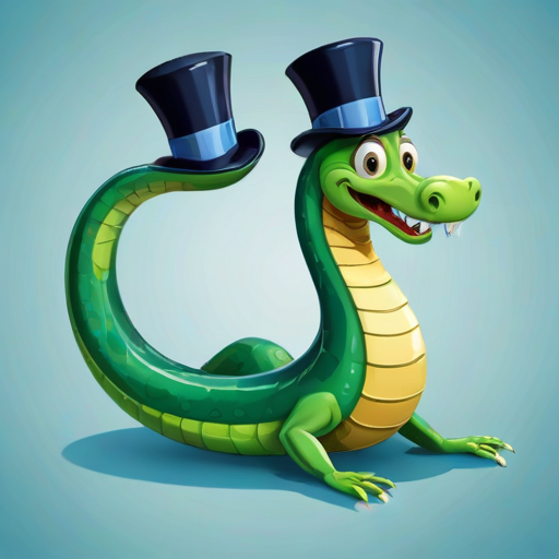 create a cartoon-style illustration of a long green serpent with a friendly face, large ears, and exaggerated features, swimming with playful expressions against a gradient blue background, with a smaller version of the serpent nearby wearing a top hat and bowtie