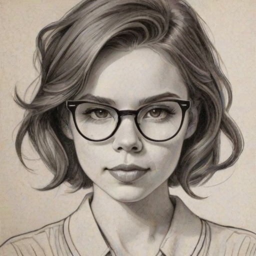 Lovely Ingrid Nilsen, pencil sketch, portrait of Fascinating woman 1921s in glasses, hair style beatnik, outline, clear lines, fine lines, 8k