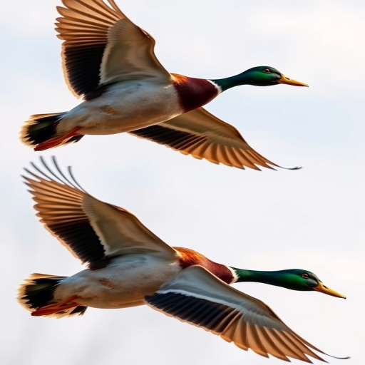 Create a high-resolution image of two ducks flying in formation against a clear sky using a DSLR camera with a 200mm lens, aperture set to f/5.6, ISO 200, and a shutter speed of 1/1000s, capturing a dynamic side view with a focus on the vibrant colors and details of the ducks' feathers.