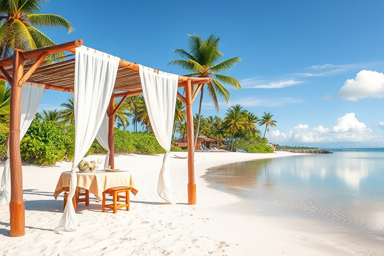 Create a picturesque tropical beach scene featuring a serene, white sandy shore. In the foreground, there's a rustic wooden canopy with white drapes gently flowing in the breeze. Underneath the canopy, a table is set with tropical decor, evoking a sense of relaxation and leisure. The beach extends into a calm, shallow water area with reflections of the sky and surroundings. Palm trees and lush greenery line the edge of the beach, providing a natural, tropical backdrop. The sky is clear with a few scattered clouds, and the overall atmosphere is tranquil and inviting, perfect for a peaceful retreat.