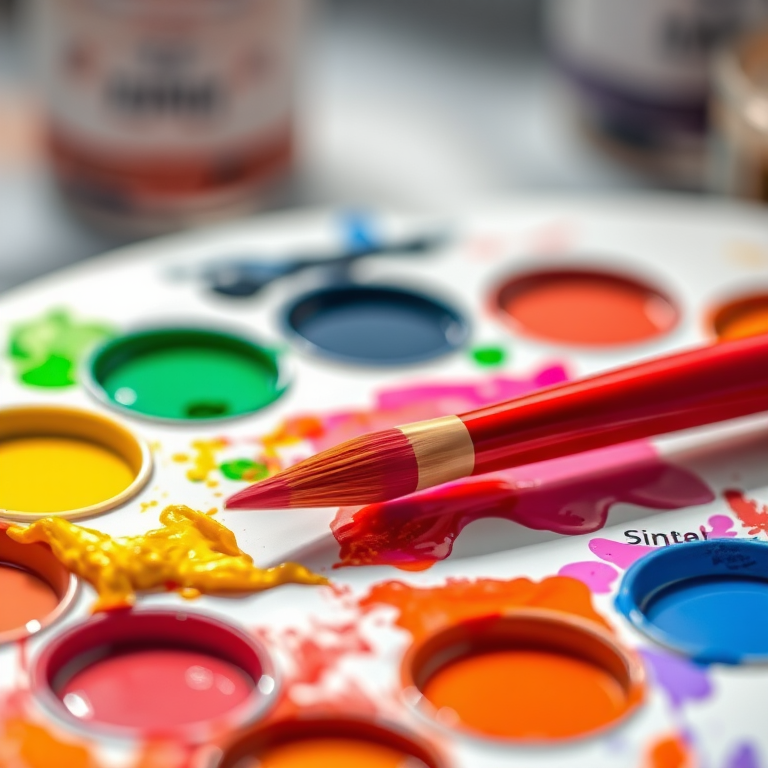 Create a high-resolution digital illustration of an artist's palette with vibrant paint colors and a red paintbrush, using a Canon EOS R5 with a 50mm f/1.2 lens, in soft focus background with bright lighting to enhance colors.