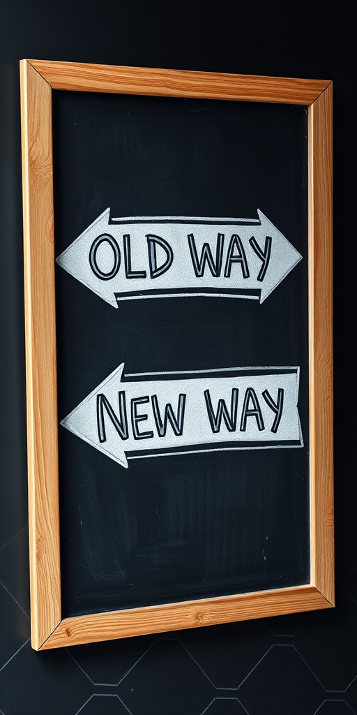 Create a highly detailed image of a chalkboard sign with two arrows pointing in opposite directions labeled "Old Way" and "New Way," using a shallow depth of field, f-stop 2.8, ISO 100, 50mm lens, natural lighting, and a studio camera to enhance clarity and texture.