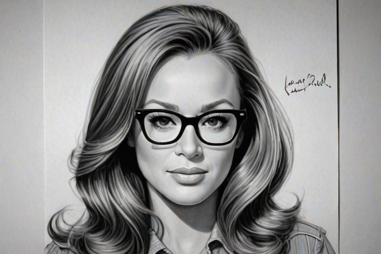 Comely Leah Remini, pencil sketch, portrait of Attractive woman 1960s in glasses, hair style beatnik, outline, clear lines, fine lines, 8k