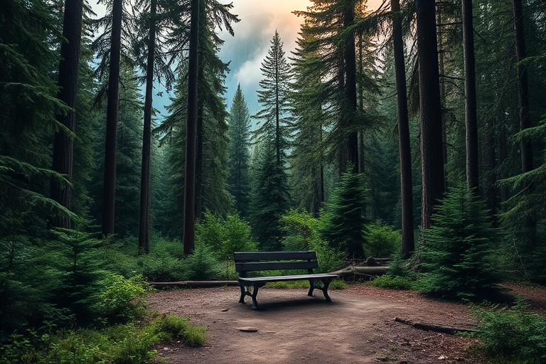 Create a dense forest scene with a lonely wooden bench on a dirt path surrounded by tall, lush evergreen trees, mist rolling down the mountains in the background, golden hour lighting, captured with a DSLR camera at f/2.8, ISO 200, shutter speed 1/60s, 24mm focal length, wide-angle view for depth.