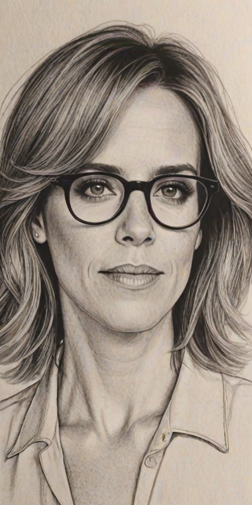 Alluring Kristen Wiig, pencil sketch, portrait of Superb woman 1979s in glasses, hair style beatnik, outline, clear lines, fine lines, 8k
