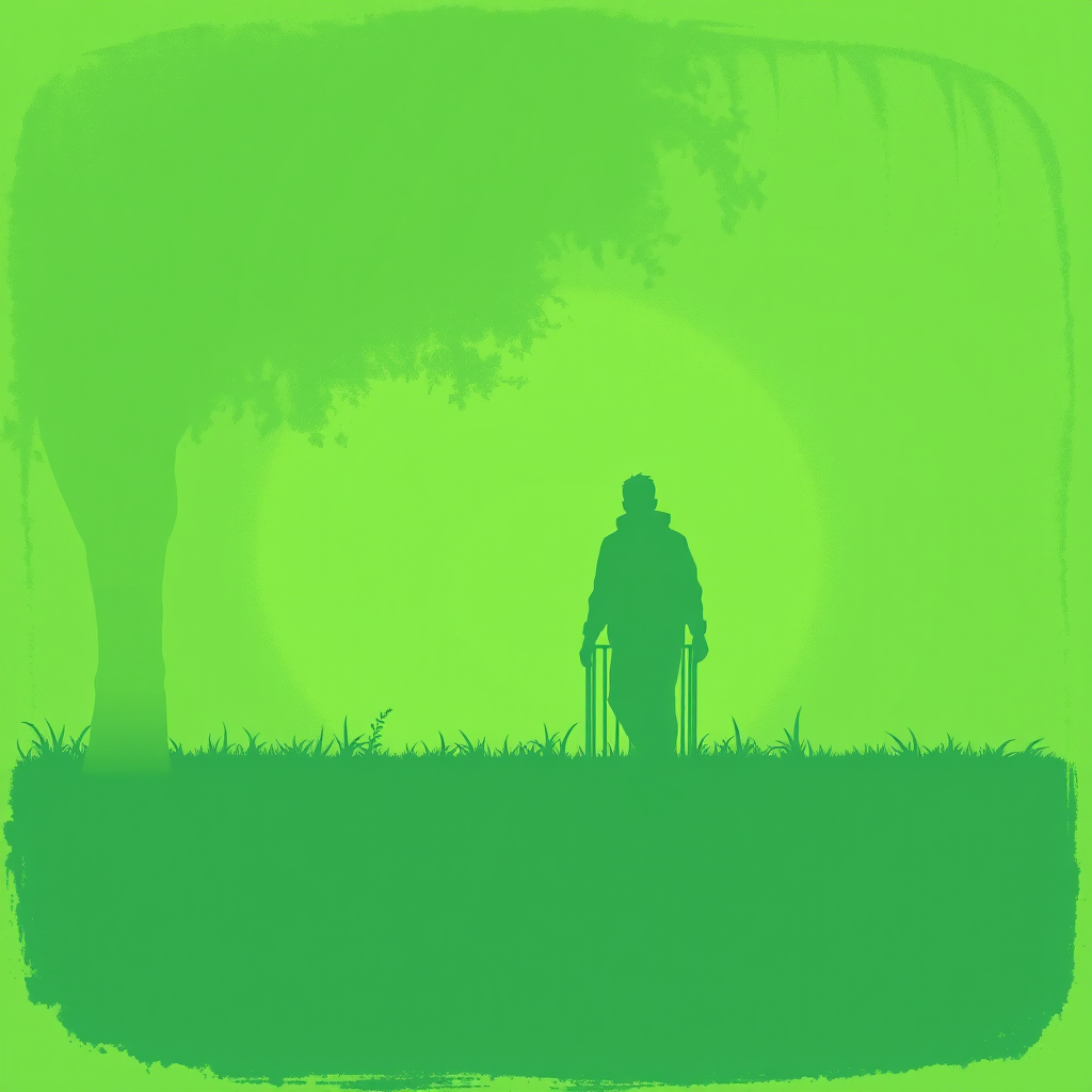 Create a high-resolution illustration of a green silhouette of a person walking towards a trash can, with a focus on texture and depth, taken with a DSLR camera at f/1.8 aperture, ISO 100, and a focal length of 50mm, using a soft focus style for an artistic effect.
