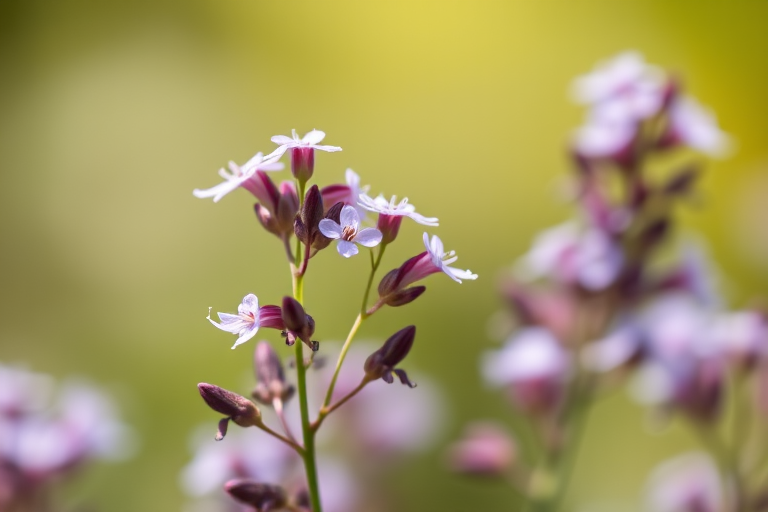 macro shot of delicate purple flowers with a soft focus background, ISO 100, aperture f/2.8, shutter speed 1/200s, 50mm lens, DSLR camera, natural light