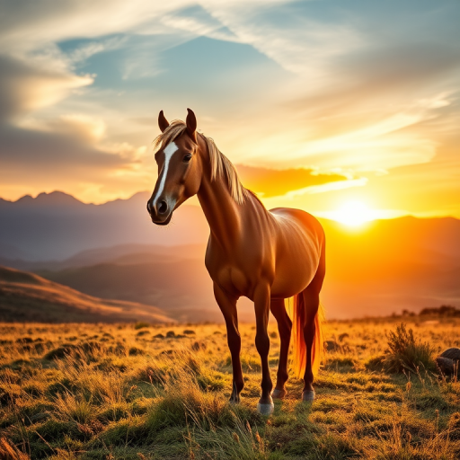 Create a high-resolution image of a majestic horse standing in a dramatic landscape at sunset, with rolling hills and mountains in the background, using a Canon EOS R5 with a 50mm lens, aperture set to f/1.8, ISO 100, and a golden hour lighting effect for enhanced detail and vibrant colors.