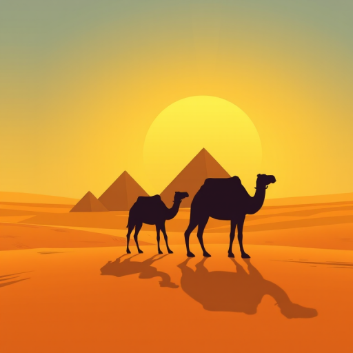 Create a vector-style illustration of a desert landscape featuring pyramids and two camels silhouetted against a soft yellow sun with rays shining down, shot with a Canon EOS R5 at f/8, ISO 100, 35mm lens, in a wide-angle view for depth and clarity.