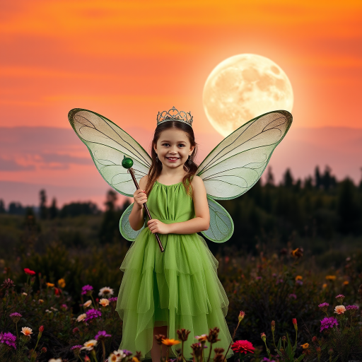 A vivid photo  taken under a bright camera flash of a fantastical scene set against a backdrop of a forest during sunset. The main subject is a girl dressed as a fairy, adorned with translucent wings and a green dress, holding a wand, her face is happy, and she wears a crown on her head. The forest behind her is a blend of flowers, shrubs and trees. The sky is painted in hues of orange and pink, with a large, glowing moon casting a warm glow over the scene. The overall color palette is dominated by earthy tones.