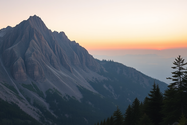 Create a high-resolution image of a serene mountain landscape at sunrise with soft pastel colors, using a Canon EOS R5 camera, 24mm lens, f/8 aperture, ISO 100, 1/125 sec shutter speed, in landscape orientation for enhanced depth and clarity.