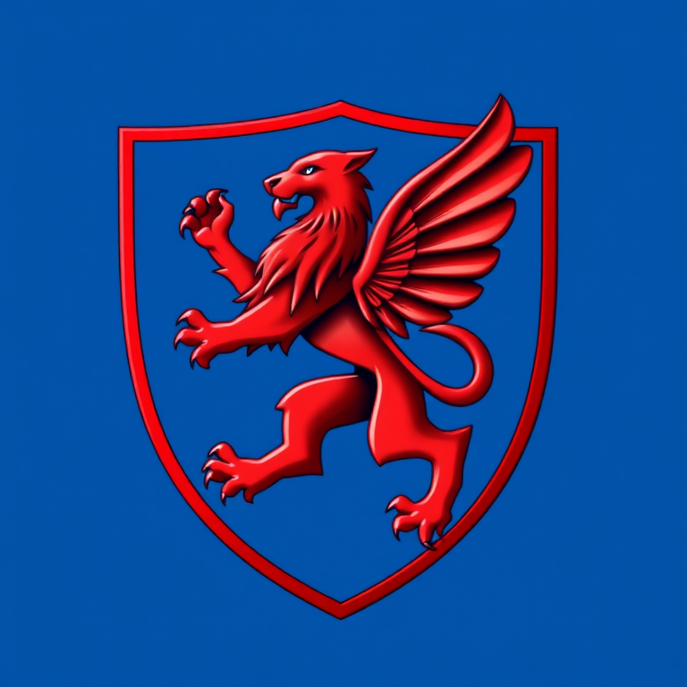 Create a vibrant digital illustration of a coat of arms featuring a red lion with wings on a blue background, shield shape, sharp focus, aperture f/5.6, focal length 50mm, high dynamic range imaging, shot with a DSLR camera.