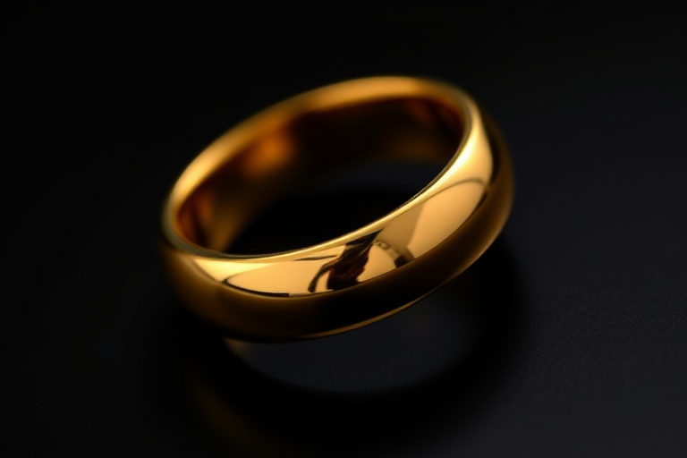 create an ultra-realistic image of a gold ring with a glossy finish on a black background using a DSLR camera with a 50mm f/1.8 lens, aperture set to f/2.8, ISO 100, and a shallow depth of field to enhance detail and focus on the ring's surface texture