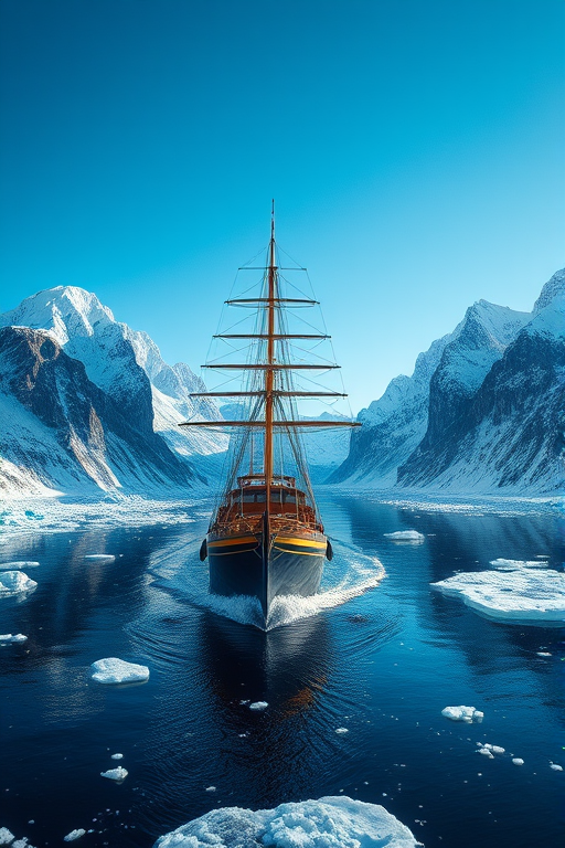 high-resolution image of a majestic tall ship sailing through icy waters surrounded by towering snowy mountains, with dynamic lighting and a clear blue sky, captured with a Canon EOS R5, 24mm lens, f/8 aperture, ISO 100, with a wide-angle view and enhanced color contrast for vivid detail