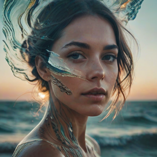 this picture is Book cover, A surreal double exposure portrait that blends a woman's face with a beautiful seascape. The overall mood is dreamy and mystical, with rich colors and intricate details