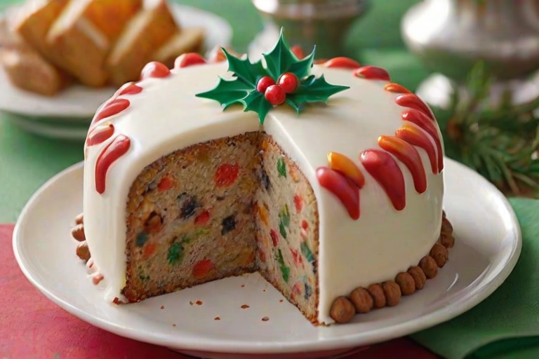 Create an image of a traditional fruitcake covered with marzipan and royal icing. The cake should be round with intricate decorations on the icing. A slice should be cut out to reveal the colorful fruit and nut filling inside. The background should have a festive holiday theme, with subtle decorations like holly or pinecones.