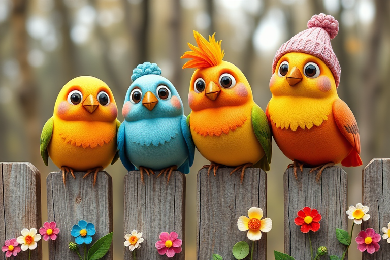 create a scene of 4 quirky  whimsical colourful comical birds each with a funny expression. they are sat on a wooden fence with colourful flowers. they are all different sizes. each one is a different colour  one is wearing a woolly hat. Each one has a different quirky google expression and there is a muted background of trees watercolour paintierly style high definition 8k resolution 3D paper mache