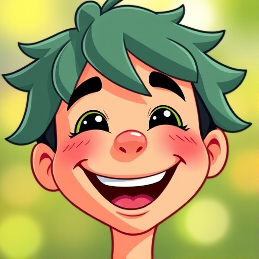Create a vibrant cartoon-style illustration of a joyful character with a big smile, using a DSLR camera with a 50mm lens, aperture set to f/2.8, ISO 100, and a shallow depth of field to highlight the facial features while softly blurring the background.