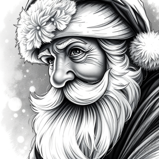 A hyperdetailed photorealistic black and white sketch of A santa with  a macro focus