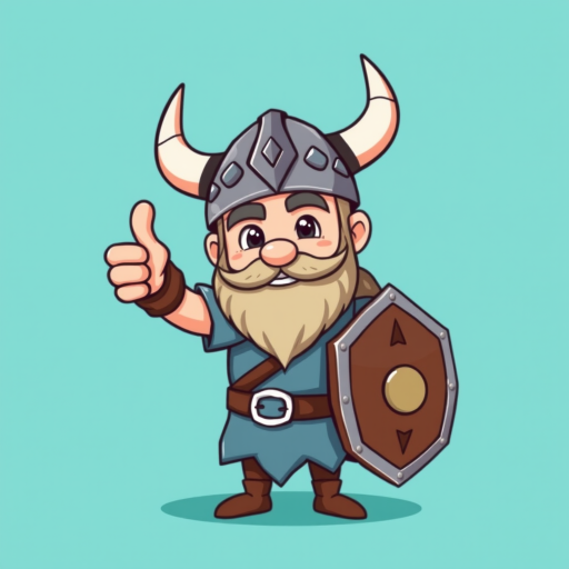 Create a cartoon-style illustration of a Viking character with a helmet and shield, giving a thumbs up, set against a solid turquoise background, using a digital camera with a 50mm lens, f/8 aperture, ISO 100, shot from a slightly elevated angle to enhance perspective and focus on the character's expression.