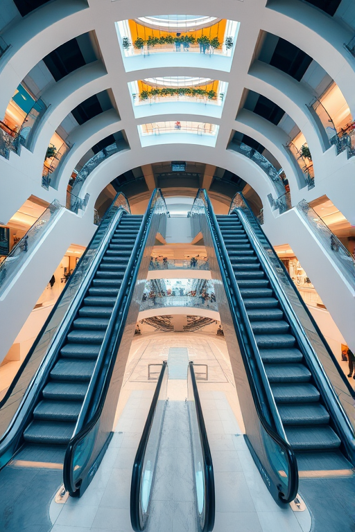 interior of a modern shopping mall featuring two escalators facing each other in a circular atrium, soft ambient lighting, high angle view, f/4 aperture, ISO 200, 24mm lens, digital camera, HDR effect for enhanced vibrancy and detail