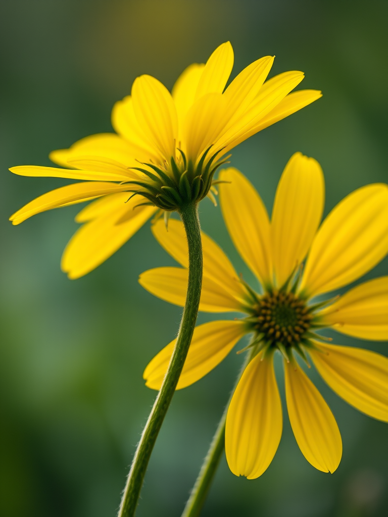 Create a high-resolution illustration of two vibrant yellow flowers with detailed petals and green stems, captured with a Canon EOS 5D Mark IV at f/2.8, ISO 100, 1/250 sec, in macro view with a soft focus background for enhanced depth.