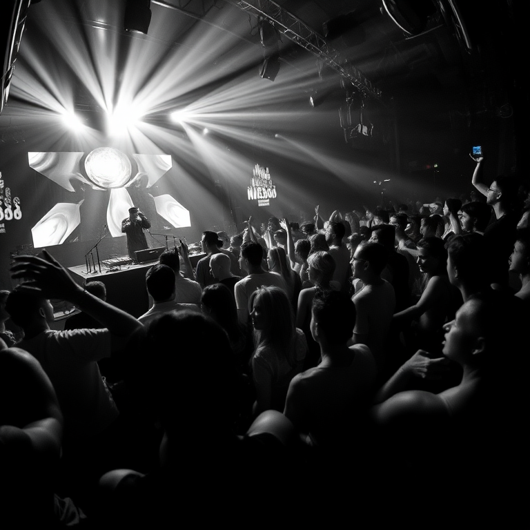 Regenerate a vibrant nightclub scene with a DJ on stage and a lively crowd, using a Canon EOS R5, 24mm lens at f/1.8, ISO 1600, shutter speed 1/100s, high contrast black and white, dynamic angle from the dance floor, capturing motion and energy.