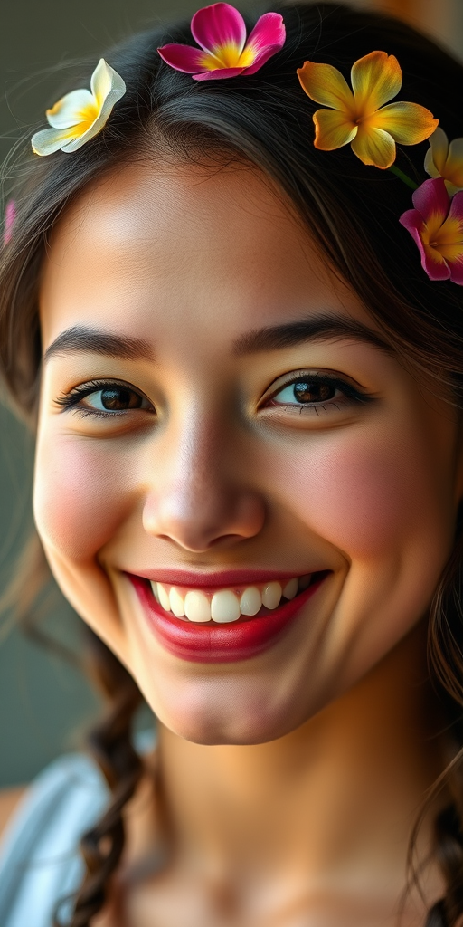 portrait of a smiling young woman with flower accents in her hair, soft lighting, high resolution, 85mm lens, f/1.8 aperture, ISO 100, natural light, taken at eye level