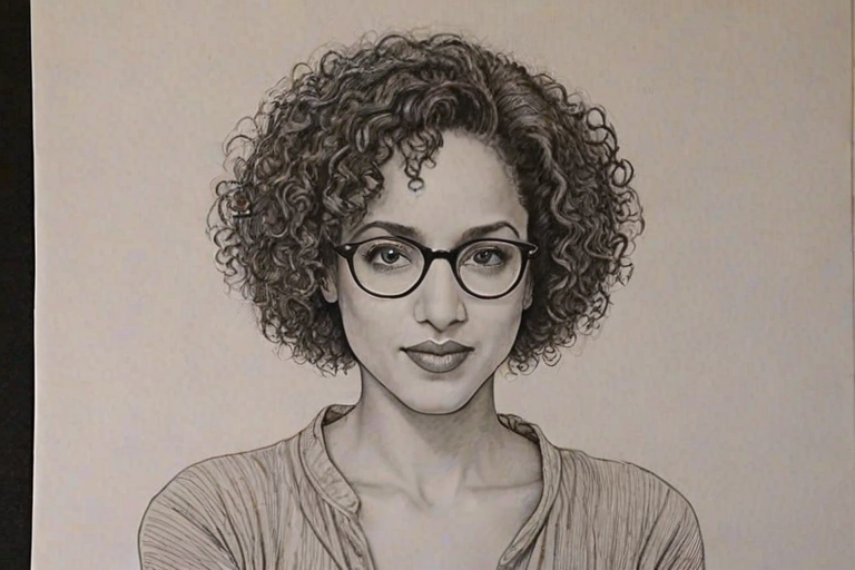 Lovely Karyn Parsons, pencil sketch, portrait of Captivating woman 1933s in glasses, hair style beatnik, outline, clear lines, fine lines, 8k