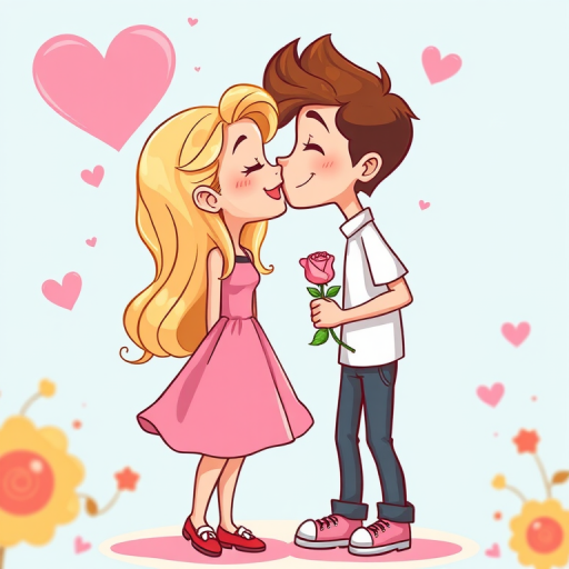 Create a vibrant illustration of a cartoon couple happily leaning in for a kiss, the girl with blonde hair in a pink dress and red shoes, and the boy with brown hair holding a pink rose, use a digital drawing style, set the canvas size to 1920x1080, incorporate bright colors and smooth lines for clarity.