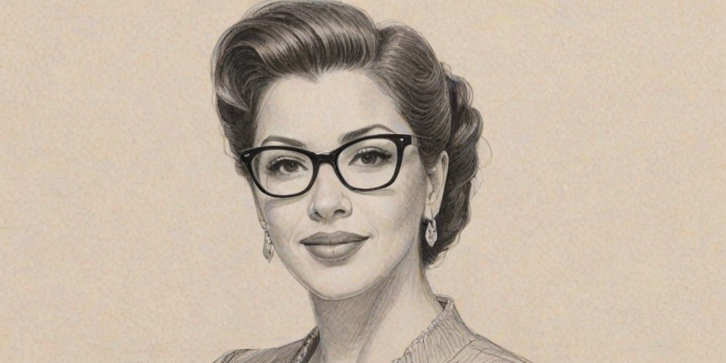 Appealing Justina Machado, pencil sketch, portrait of Elegant woman 1958s in glasses, hair style beatnik, outline, clear lines, fine lines, 8k