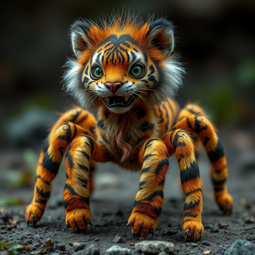This charming yet frightening Spider Tiger features six legs, a hairy, furry body, and a cat-like tiger physique combined with an insectoid tiger head and tiger legs. The furry head further adds to the creature's unique appearance, creating a captivating blend of cuteness and fear that makes this six-legged, furry, insect-inspired tiger both adorable and scary.