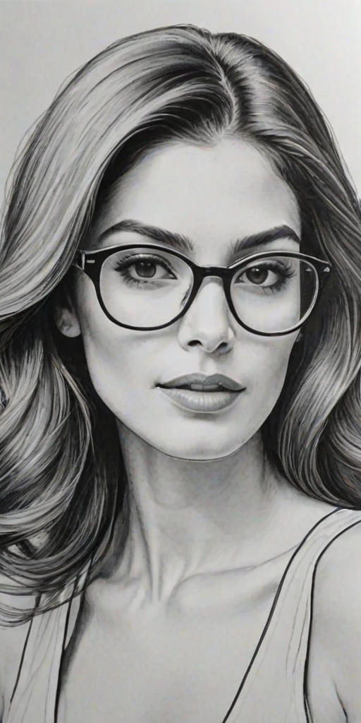 Dazzling Blanca Blanco, pencil sketch, portrait of Superb woman 1973s in glasses, hair style beatnik, outline, clear lines, fine lines, 8k