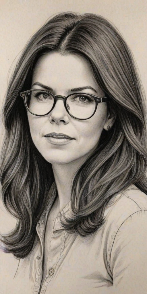 Enchanting Lauren Graham, pencil sketch, portrait of Alluring woman 1971s in glasses, hair style beatnik, outline, clear lines, fine lines, 8k
