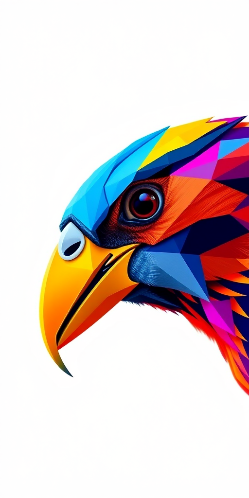 Create a vibrant and colorful geometric illustration of a bird's head in a high-contrast style with sharp angular shapes and bright colors, using a Canon EOS R5, 50mm lens, f/2.8 aperture, ISO 100, with a shallow depth of field and soft focus background.