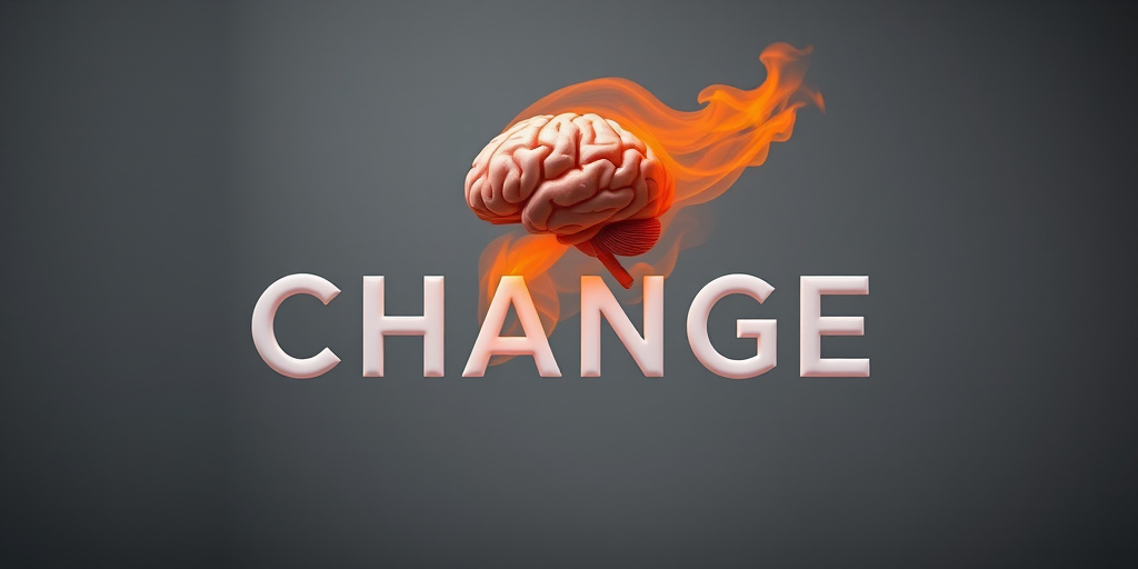 Create an image of the word "CHANGE" with a stylized brain emitting orange smoke, shot with a Canon EOS R5 at f/2.8, 1/125s, ISO 100, in a studio setting with soft box lighting and a neutral gray backdrop for high contrast and detail.
