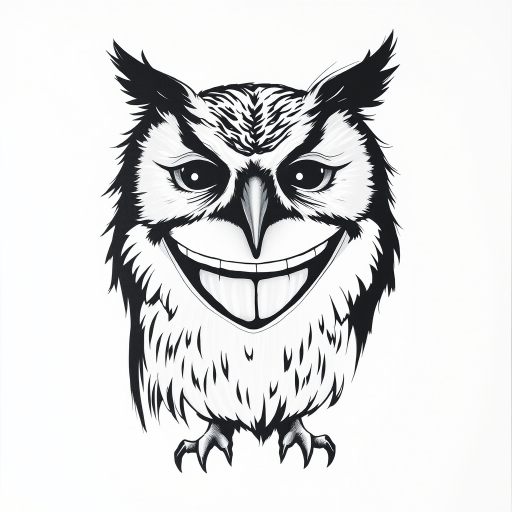 Abstract black and white acrylic portrait of an over exaggerated laughing (owl). Minimalism style. White background.
