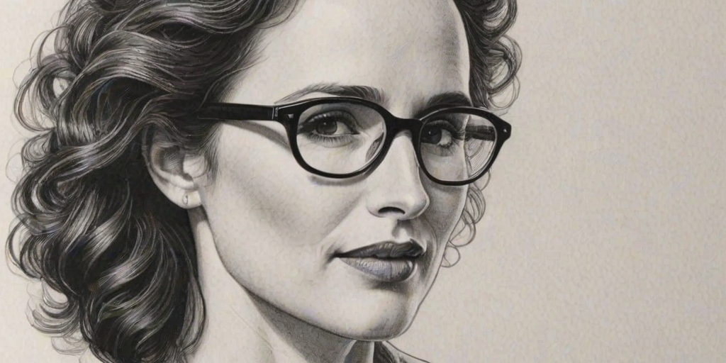 Splendid Andie MacDowell, pencil sketch, portrait of Pleasing woman 1928s in glasses, hair style beatnik, outline, clear lines, fine lines, 8k