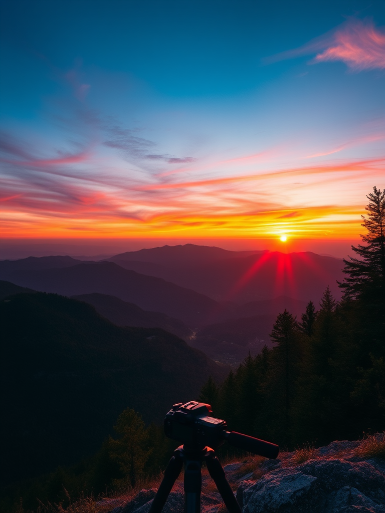 Create a high-resolution image of a serene mountain landscape during sunset with vibrant colors, using a DSLR camera at 24mm, f/8, ISO 100, and a tripod for stability.