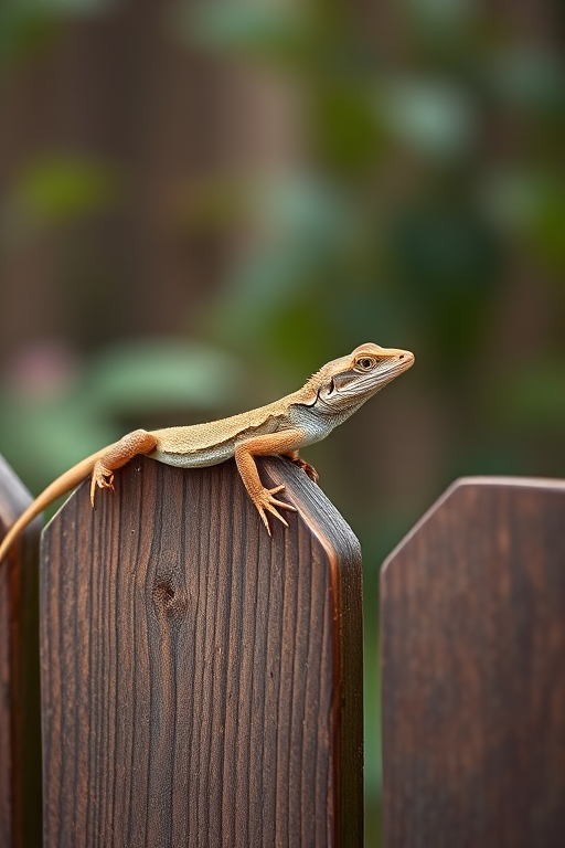 lizard on wooden fence with blurred background, 50mm lens, f/2.8 aperture, ISO 100, 1/200s shutter speed, shallow depth of field, taken with a DSLR camera