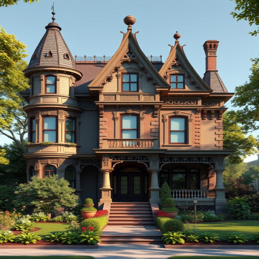 regenerate a detailed 3D rendering of a Victorian house with intricate architectural features and a lush surrounding garden, camera settings: aperture f/8, ISO 100, shutter speed 1/60, camera view: frontal angle with slightly elevated perspective, camera style: realistic lighting with natural shadows, camera type: DSLR