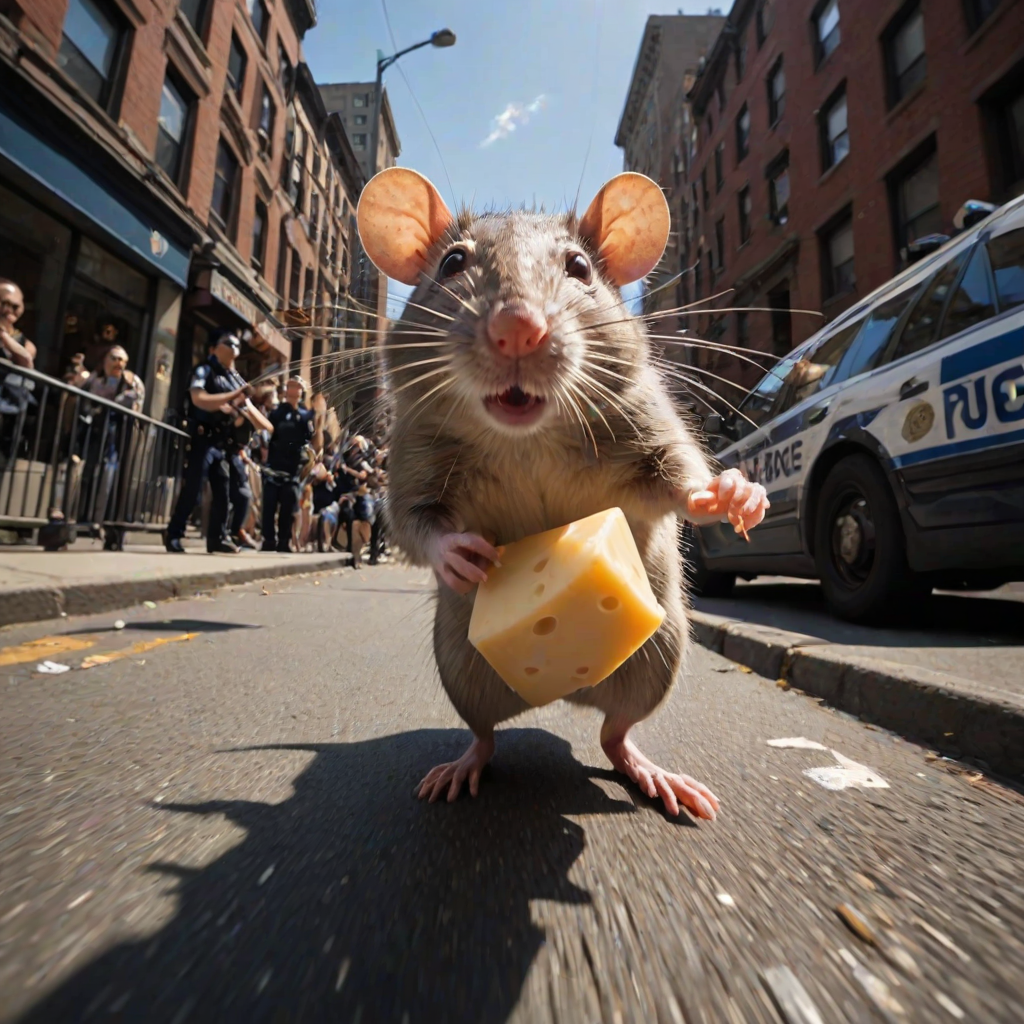 rat holding cheese is (running:1.05) to the viewer, (motion blur:1.1), (police running:1.2), (dynamic:1.1), sun rays, newyork, (taken by go pro:1.3), (taken by 7.5mm fisheye lens:1.1)